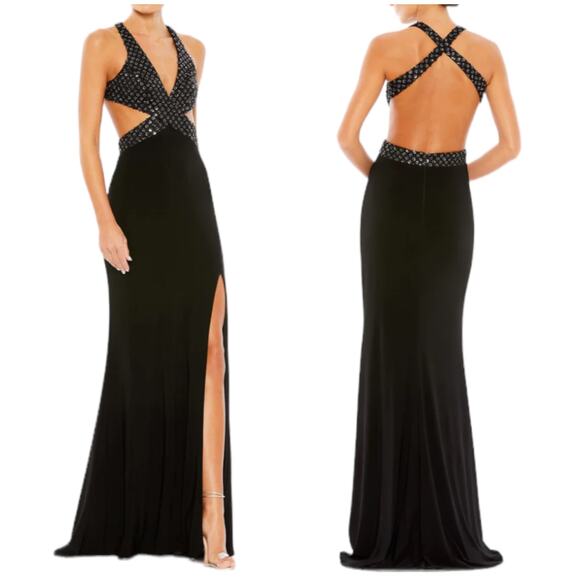 Mac Duggal NWT Floral Sequined Criss Cross Bodice Gown Size 8 Black Cutout - Picture 1 of 9